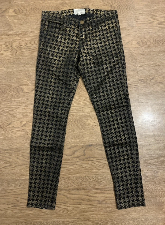 Pantalones de mezclilla CURRENT ELLIOTT $228 ajustados al tobillo negro lámina dorada pata de gallo W 27 Reino Unido 8-10 Foto 3 de 4