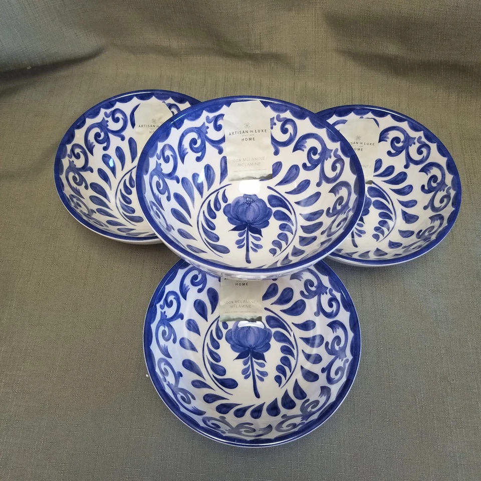 5-Artisan De Luxe BLUE ROSE SCROLL Melamina 4- Cuencos 6 1/4" - Cuenco para servir ¡NUEVO! Foto 2 de 4