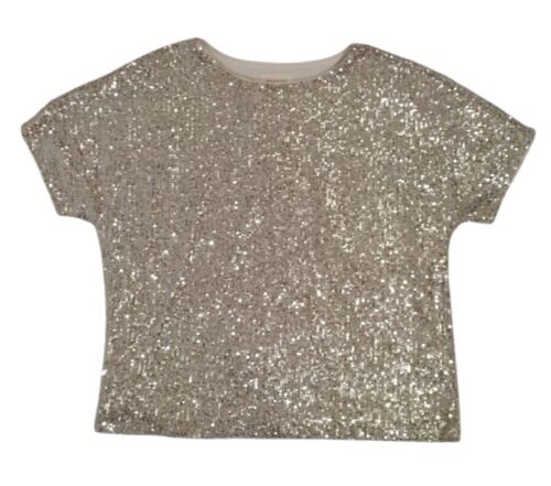 Melloday Women's Silver Sequin Short Sleeve Blouse Round Neck Sparkly Tops M.