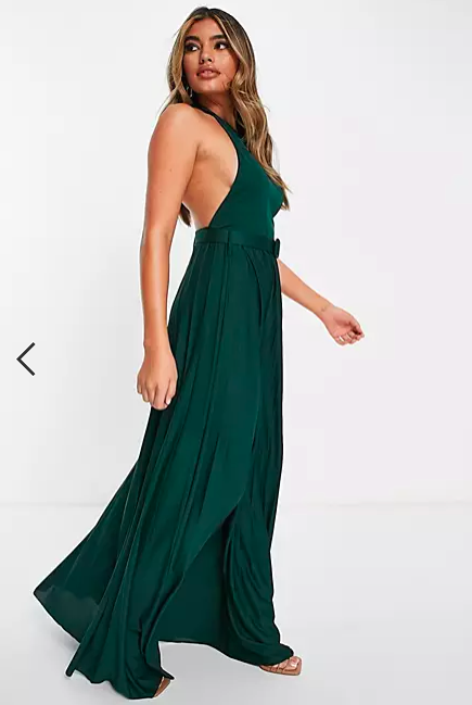 ASOS Design halter pleated waist maxi dress in forest green
