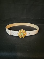 VTG LIZ CLAYBORNE CREAM TAN LEATHER BELT SNAKE SKIN LOOK FLOWER JEWELED BUCKLE