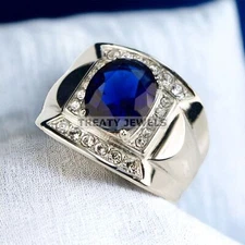 Blue Sapphire Oval Cut Gemstone With 925 Sterling Silver Ring For Men's #320 *