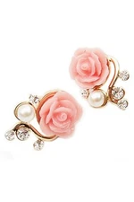 Pink Rose flower and Pearl Earrings with Crystals - Pierced Earrings - NEW