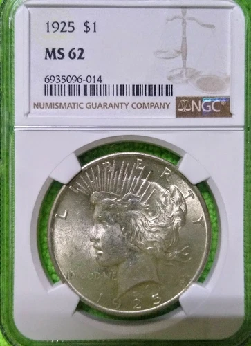 1925 ✪ NGC MS-62 ✪ SILVER PEACE DOLLAR ◢TRUSTED NGC