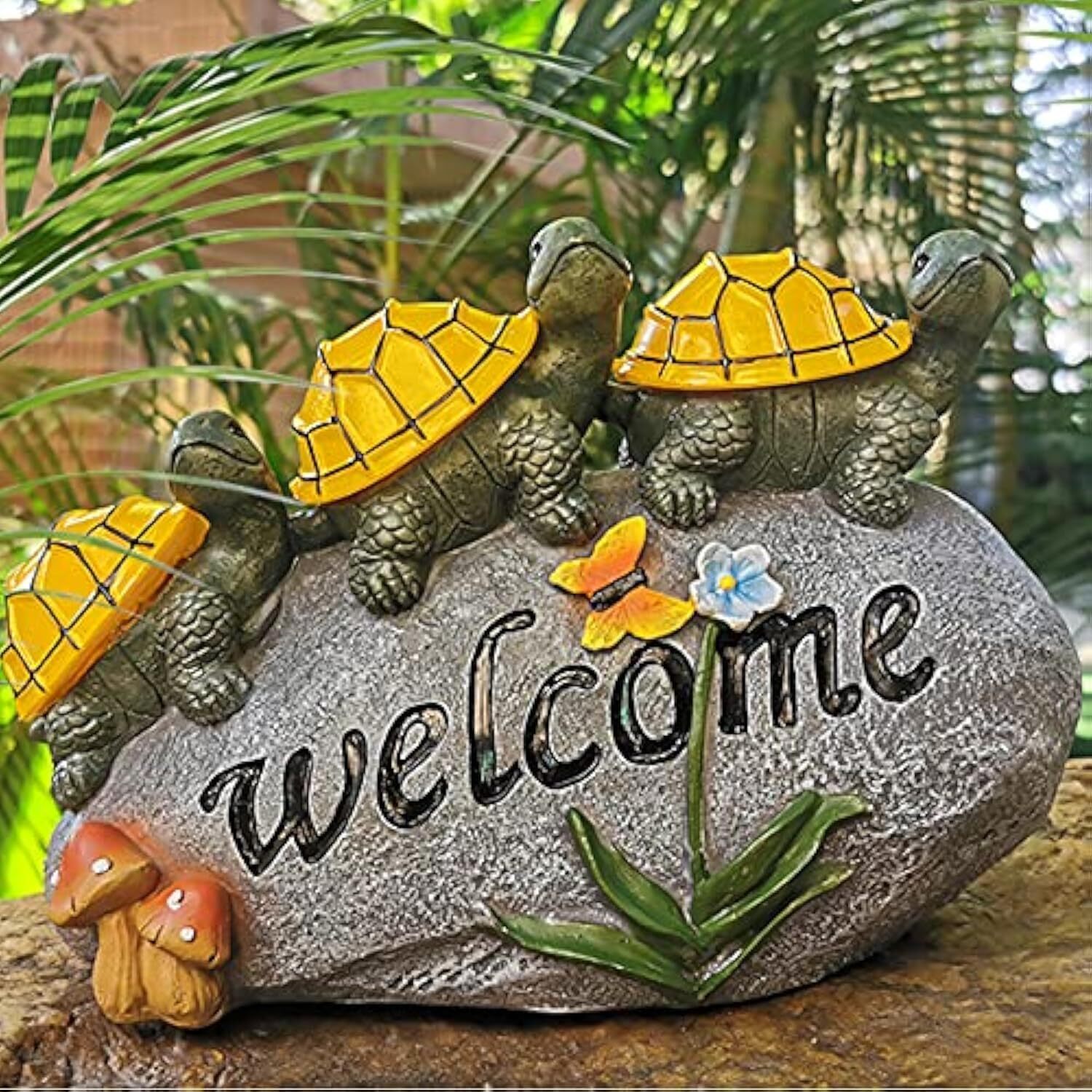 Solar Garden Statue Turtle Outdoor Lights -Welcome Turtles on a Rock Solar Po...