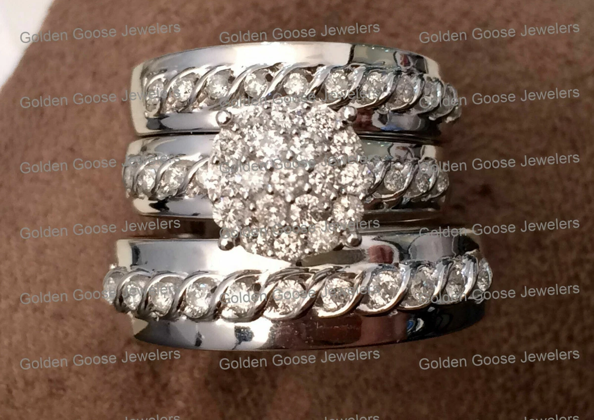 White Gold His Her Mens Woman Diamonds Flower Wedding Ring Bands