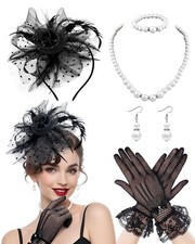 50s Fascinators Hat Set for Women Tea Party Headwear Lace Bowknot Gloves Pear...
