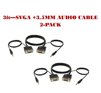 2-Pack - 3FT SVGA M/M + 3.5mm Aux Audio Cable Jack for Monitor PC Projector TV