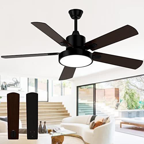 52 Inch Black Outdoor Ceiling Fan With Light and Remote Control-image