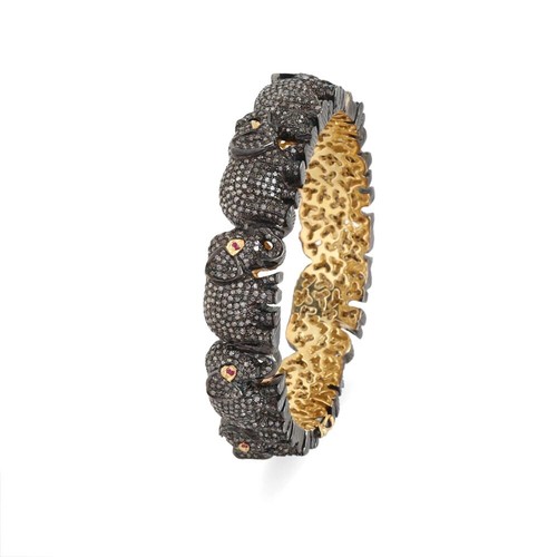 Elephant Designer Diamond Pave 925 Silver Bangle Ruby 14K Gold Bracelet Jewelry - Picture 2 of 2