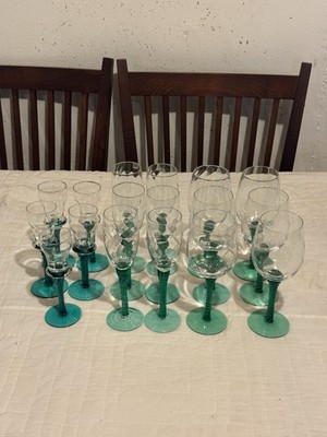 Antique Vintage Hand Blown Glass Wine Champagne And Shot Glasses Set Of 17