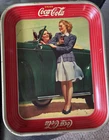 Coca-Cola Vintage Metal Advertising Tray Soda Theme Red Green Beige Woman & Car