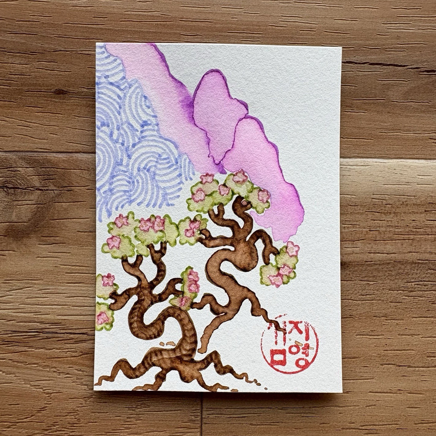 ACEO Original Watercolor Peony Trees Mountain 2.5x3.5 by Jiyoungz
