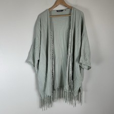 Gauze Fringe Kimono Blue Beach Cover Up Oversized Lagenlook Open Front Cotton