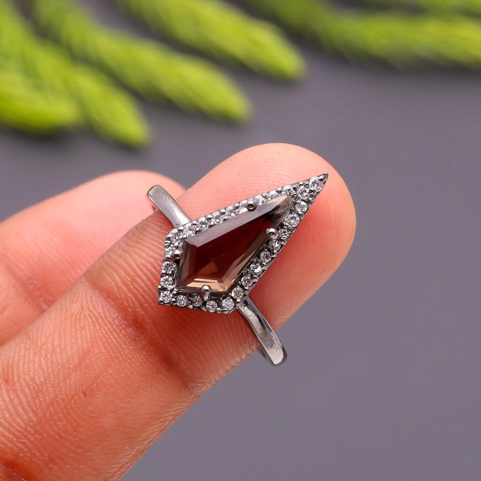 Anillo con forma de cometa de cuarzo ahumado natural plata de ley 925 joyería oxidada negra Foto 4 de 4