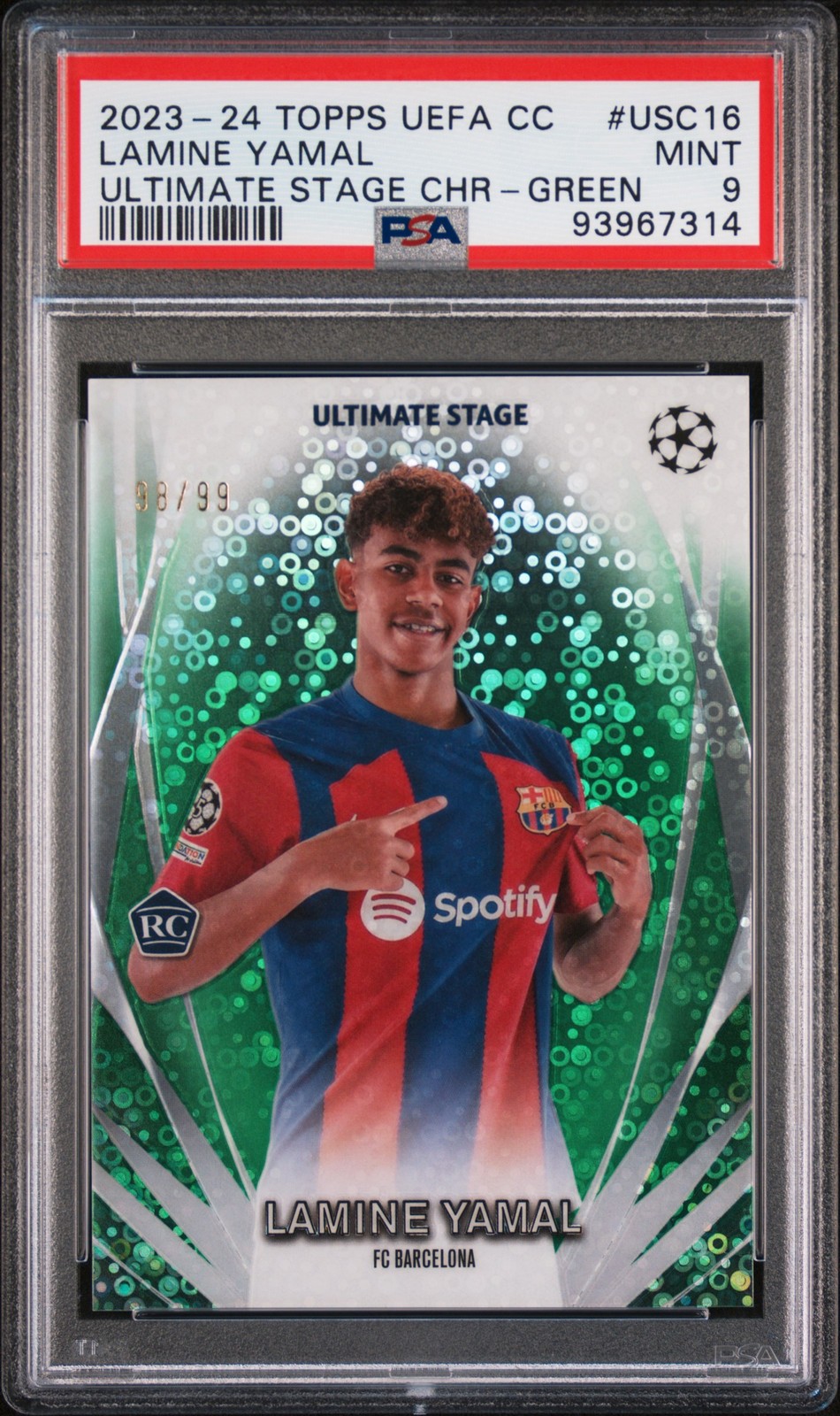 2023-24 Topps Chrome UEFA CC Lamine Yamal Ultimate Stage Green 98/99 - PSA 9