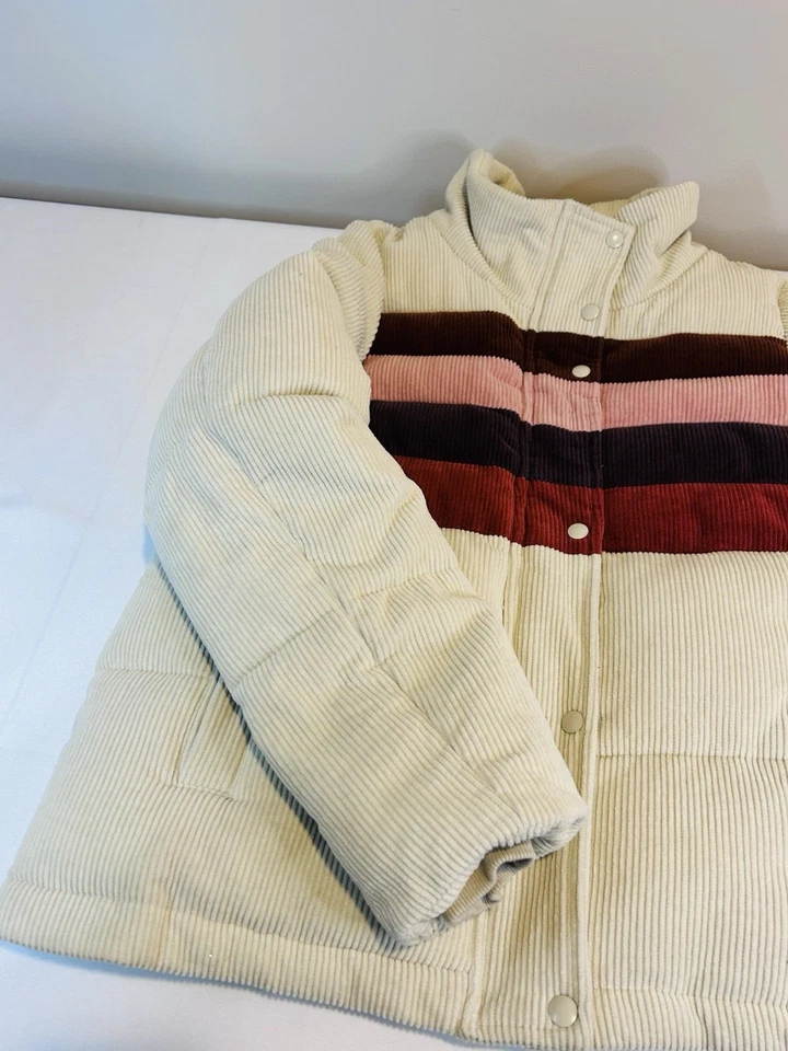 Bohme Ivory Striped Corduroy Puffer Coat Button-up Heavy Women's Size Large - Image 2 of 4
