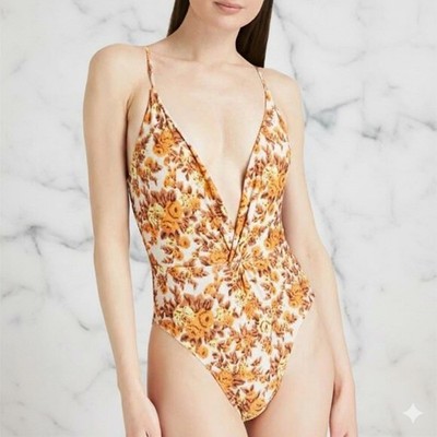 Jonathan Simkhai Bademode 70er Blumenmuster orange weiß Damen Medium V-Ausschnitt