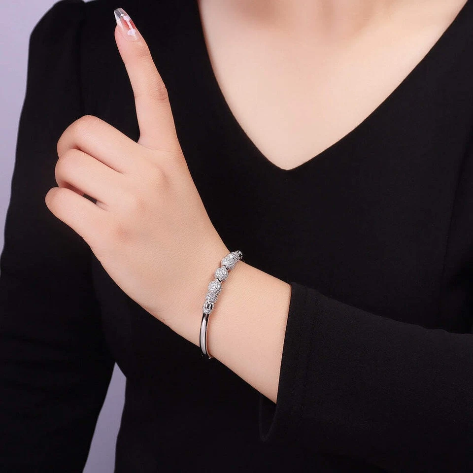 925 silver inlaid mosang diamond fashion hollow half-open girl bracelet European - Image 3 of 3