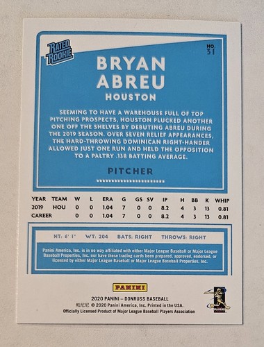 Bryan Abreu 2020 Panini Donruss #31 Astros Clasificado Novato WS Champ - Imagen 2 de 3