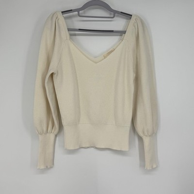 Anthropologie Cream Knit Puff Sleeve V-Neck Sweater Top Size S Romantic Ballet