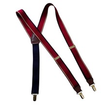 Vtg Mens Striped Elastic Suspenders Brgndy Red Nvy Blu Gold Brass ClipOn Leather