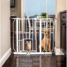 Walk Through Metal Dog Pet Gate Extra Wide W/ Additional Small Door Home White