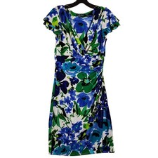 Lauren Ralph Lauren Blue Green Floral V-Neck Ruched Sheath Dress Womens 6