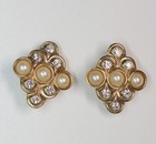 Vtg Swarovski Faux Pearl + Clear crystal Gold Plated Clip On Earrings — photo 1