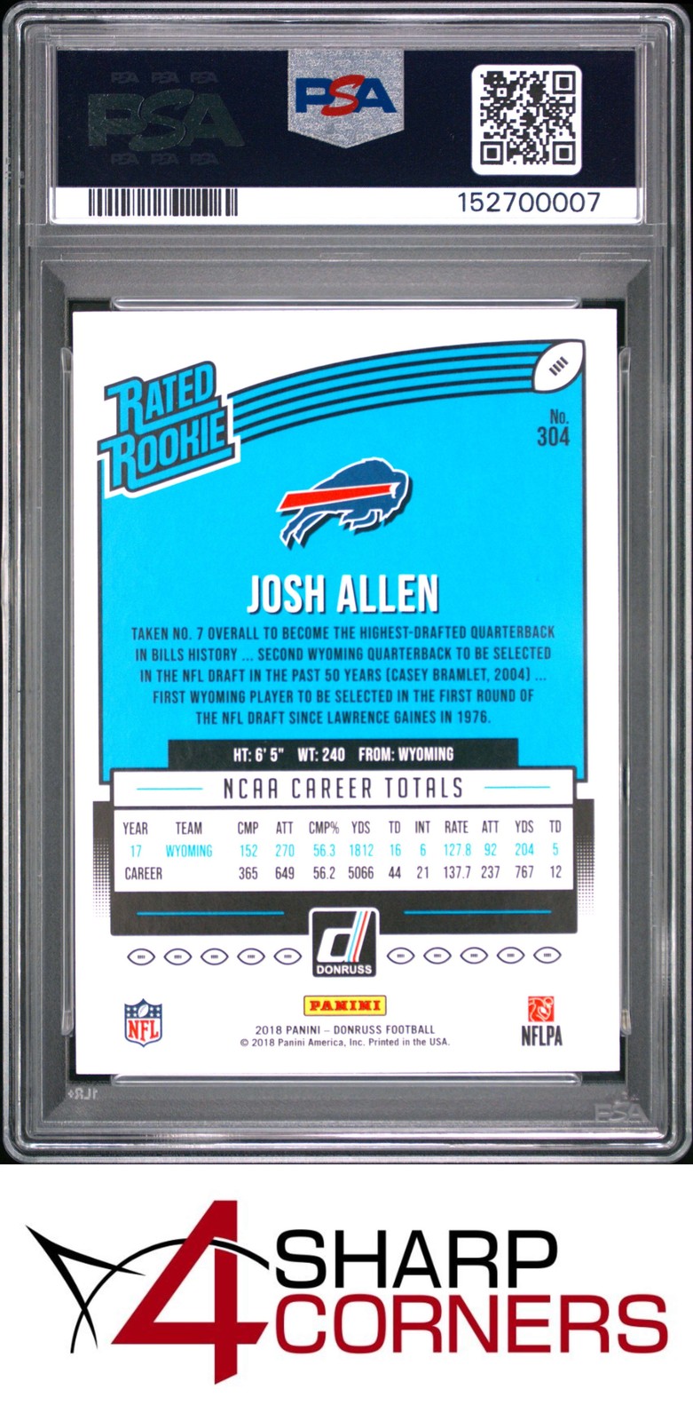 2018 PANINI DONRUSS #304 JOSH ALLEN RC RATED ROOKIE BILLS PSA 6 view 2