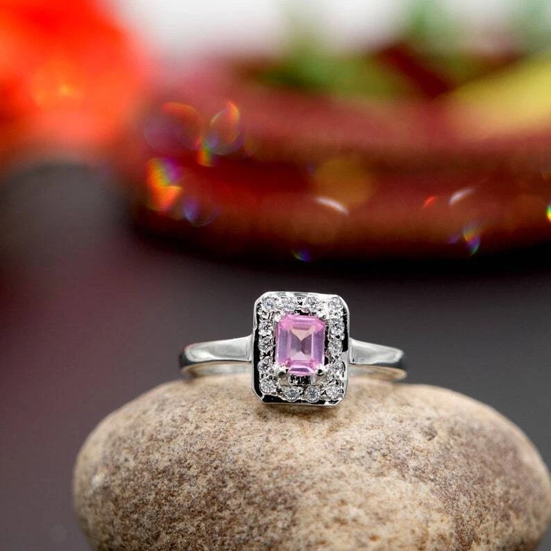 Natürlicher Smaragd Schnitt Rosa Saphir und Weiß Topas 925 Sterlingsilber Ring - Bild 4 von 4