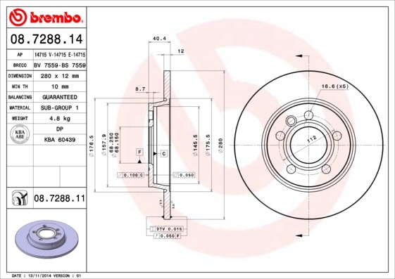 Disque de frein Brembo 08.7288.11 sans bruit pour VW
