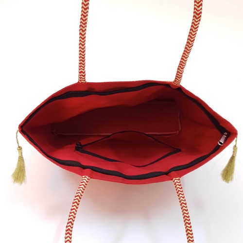 Wedding Red Hand Bag Banarasi Zari Brocade Golden Tassels in Elephant Motif - Picture 12 of 12