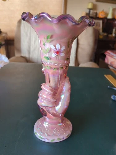 Fenton Dusty Rose Iridized Overlay Hand Vase - Hand Painted