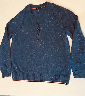 Tommy Hilfiger S Petite 1/2 Button V Neck Pullover Blue Slub