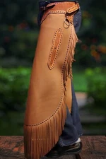 Western Leather Chinks with Handmade Fringe and Tooled Basket Weave Yokes