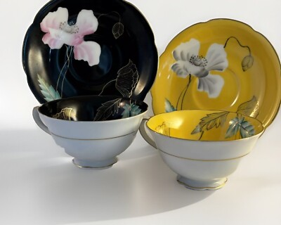 Trimont Tea Cup Saucer in Black orYellow Peonies Flower Occupied Japan 1945 1952