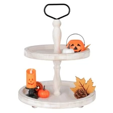 Rustic Wooden 2-Tiered Tray Round Farmhouse Serving Tray White