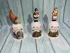 K's Collection Set Of 3 Thanksgiving Porcelain Bells Dinner Harvest Pilgrim Bell