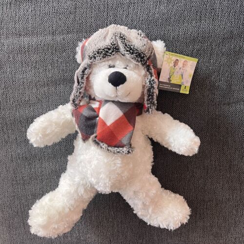 HugFun weißer Teddybär rot karierte Mütze & Schal St. Jude Plüschtier 17"" Kuscheltier