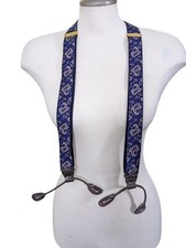 Vintage Pelican Suspenders Blue Paisley Leather Trim Button On USA Preppy Office