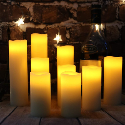 Set Of 9 Flameless Pillar Ivory Candles Moving Wick LED Timer Remote Safe To Use
