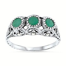GENUINE EMERALD 925 STERLING SILVER 3 THREE-STONE ANTIQUE STYLE RING    046X