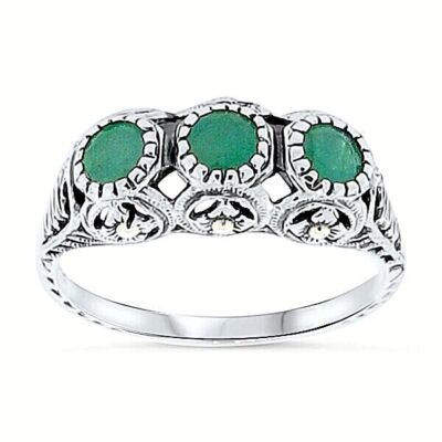 ECHTER SMARAGD 925 STERLINGSILBER RING MIT 3 DREI STEINEN ANTIKSTIL 046X