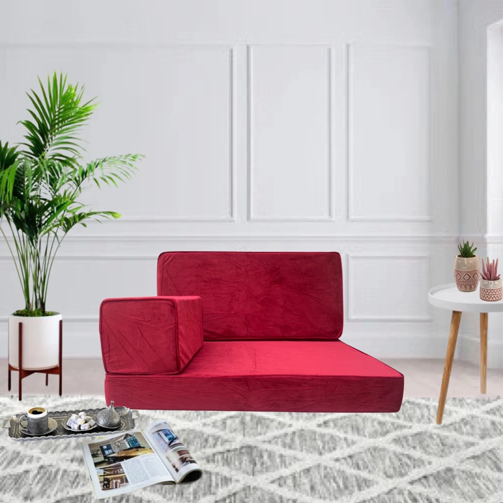 Arabic MAJLIS Floor Seating l VELVET Floor Cushions | Red BOHO Reading Couch