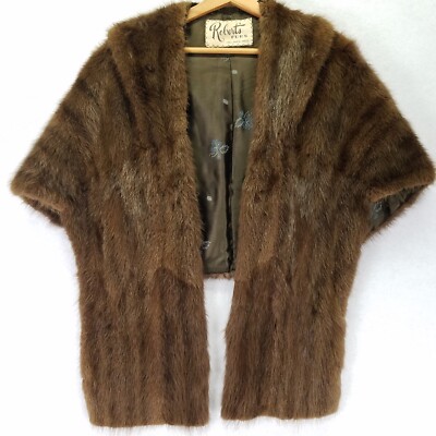 Vtg Roberts Mink Fur Stole Shawl Cape Brown 33'' Wide 20'' Long Lined Pockets Flaw
