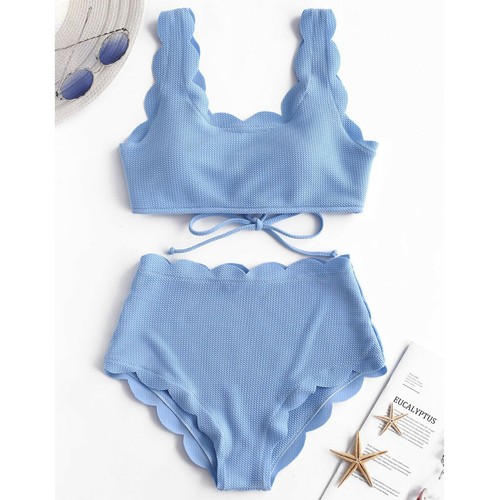 Women Sexy High Waisted Swimsuit Two s Scalloped Trim One Shoulder Bikini - Picture 12 of 23