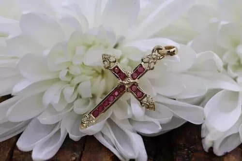 2.00CT Round Cut Lab-Created Ruby Cross Pendant Necklaces 14k Yellow Gold Plated - Picture 5 of 6
