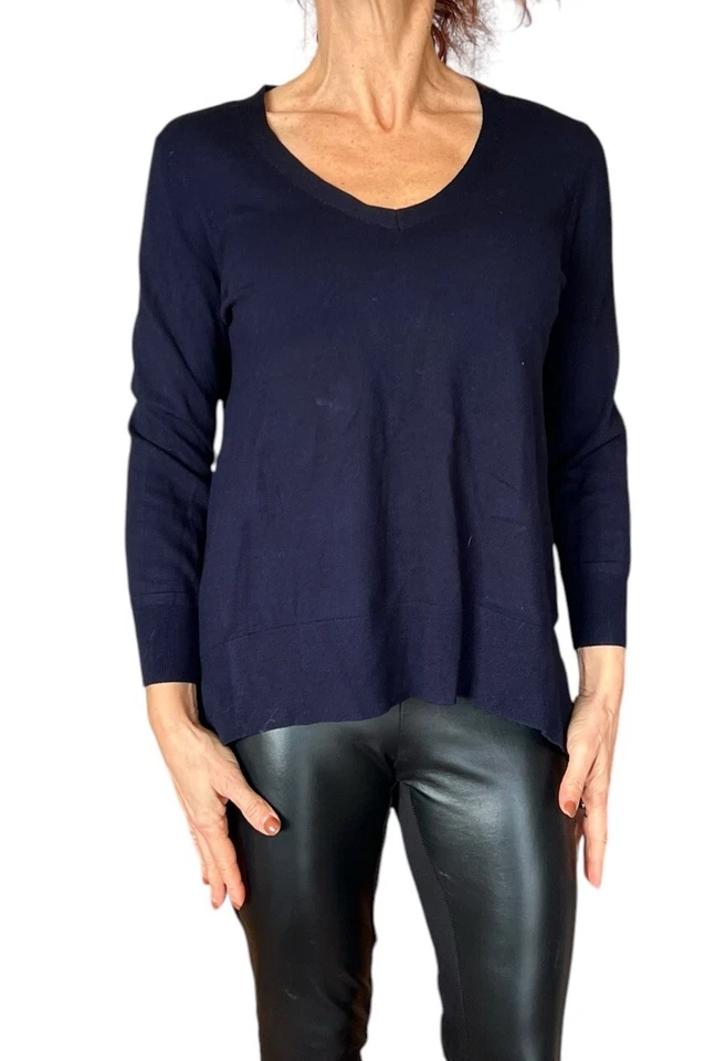 Karen Millen Womens Sweater Blue Sheer Pleated Flowy Back VNeck Pullover sz. 3 M - Image 2 of 4