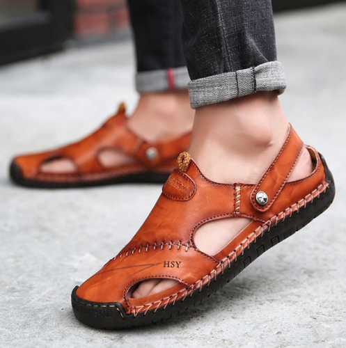 sandales homme cuir véritable plage pantoufle pas cher été chaussure marron - Zdjęcie 1 z 13